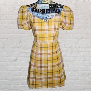 Moodie Yellow Plaid Puff Sleeve Mini dress fake buttons down back zipper S